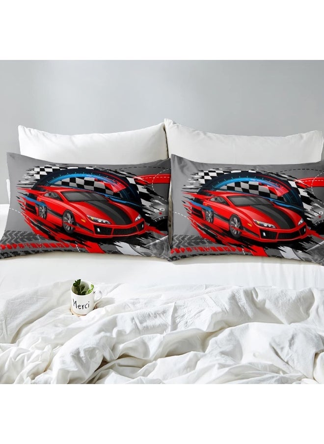 Sports Car Duvet Cover Set Twin, Red Race Car Extreme Sport Comforter Cover 2pcs for Kids Boys Teens Room Decor, Competitive Gaming Bedding Set Black and White Grid Quilt Cover with 1 Pillowcase