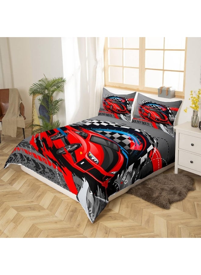 Sports Car Duvet Cover Set Twin, Red Race Car Extreme Sport Comforter Cover 2pcs for Kids Boys Teens Room Decor, Competitive Gaming Bedding Set Black and White Grid Quilt Cover with 1 Pillowcase