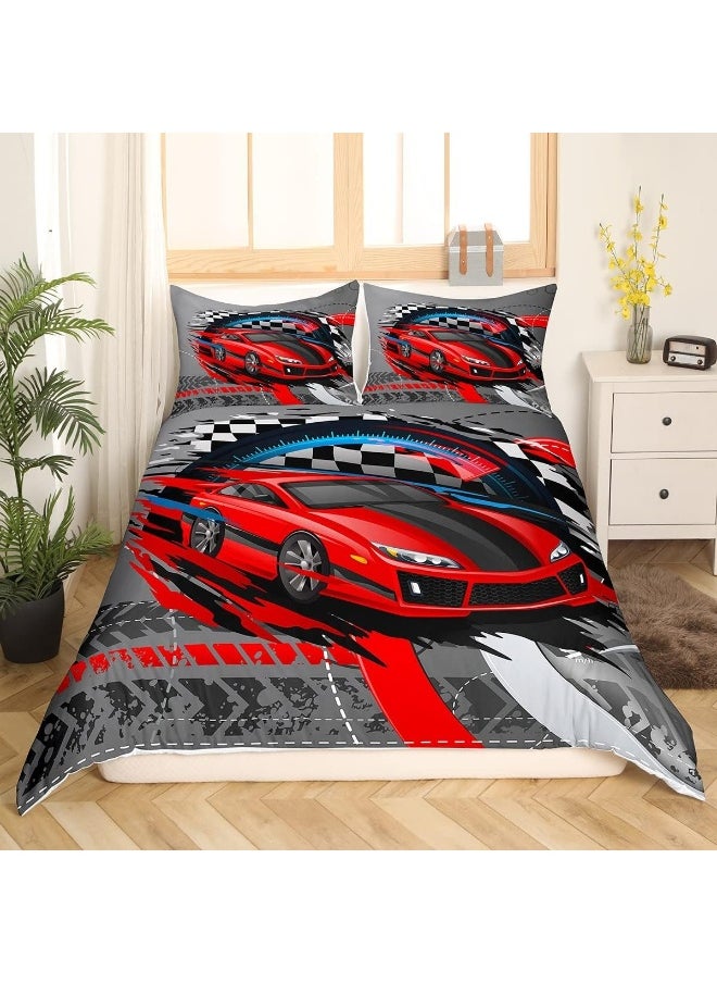 Sports Car Duvet Cover Set Twin, Red Race Car Extreme Sport Comforter Cover 2pcs for Kids Boys Teens Room Decor, Competitive Gaming Bedding Set Black and White Grid Quilt Cover with 1 Pillowcase