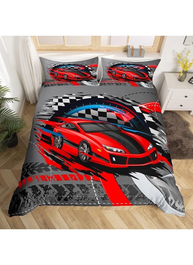 Sports Car Duvet Cover Set Twin, Red Race Car Extreme Sport Comforter Cover 2pcs for Kids Boys Teens Room Decor, Competitive Gaming Bedding Set Black and White Grid Quilt Cover with 1 Pillowcase