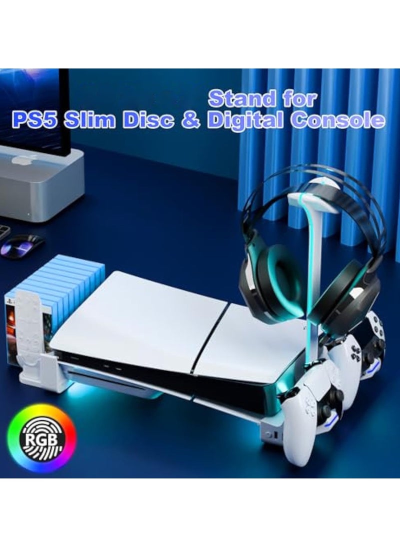 PS5 Controller Charger, Horizontal Stand for PS5 Slim Disc & Digital Console, PS5 Slim Stand with Dual Controller Charger and 7 RGB Light, PS5 Controller Charging Station Dock, NOT Fit 2020 PS5