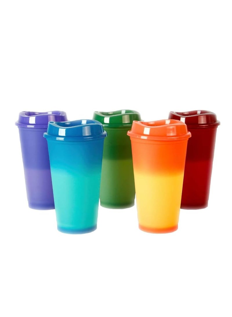 Set of 5 Color Changing Reusable Coffee Cups, 16 oz Plastic Travel Mugs with Lids, Quality Splash,Proof Design for Hot and Cold Beverages