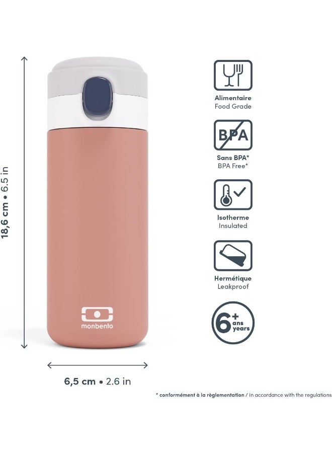 MONBENTO - MB Pop Insulated Water Bottle Mocha Pink - 360 ml - Keeps Hot/Cold for up to 12h - Small Airtight Water Bottle for Children School/Park and/or Adult to Slip into a Handbag - pink