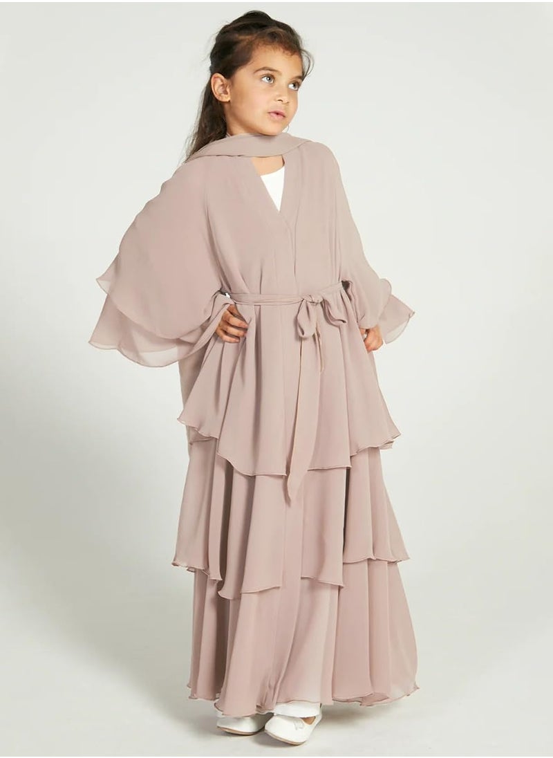 Muslim Abaya Dress for Girls, Long Sleeve Chiffon Islamic Kaftan Robe, Open Front Cardigan Prayer Dress for Ages 11-12, Light Khaki Color.