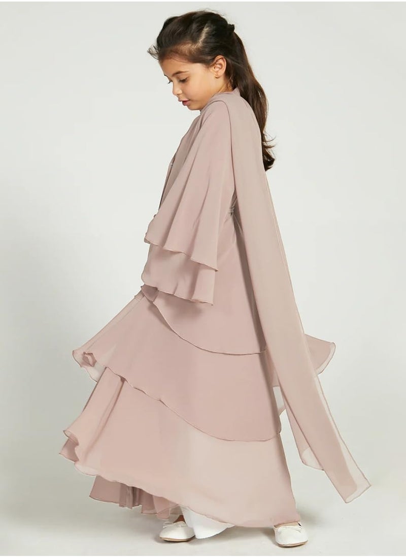 Muslim Abaya Dress for Girls, Long Sleeve Chiffon Islamic Kaftan Robe, Open Front Cardigan Prayer Dress for Ages 11-12, Light Khaki Color.