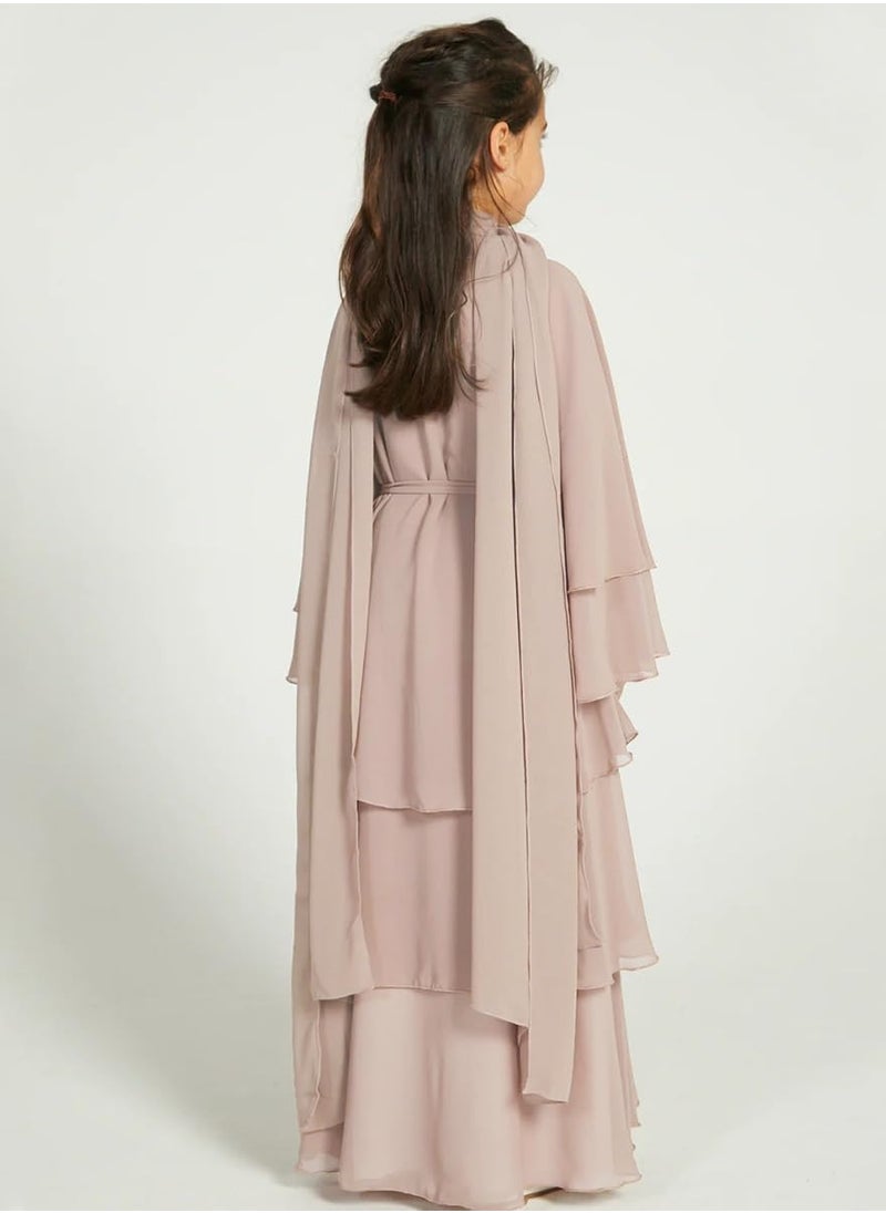 Muslim Abaya Dress for Girls, Long Sleeve Chiffon Islamic Kaftan Robe, Open Front Cardigan Prayer Dress for Ages 11-12, Light Khaki Color.