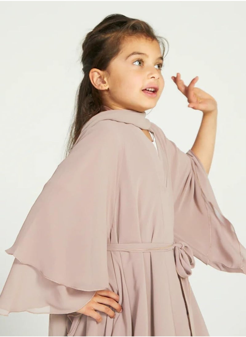 Muslim Abaya Dress for Girls, Long Sleeve Chiffon Islamic Kaftan Robe, Open Front Cardigan Prayer Dress for Ages 11-12, Light Khaki Color.