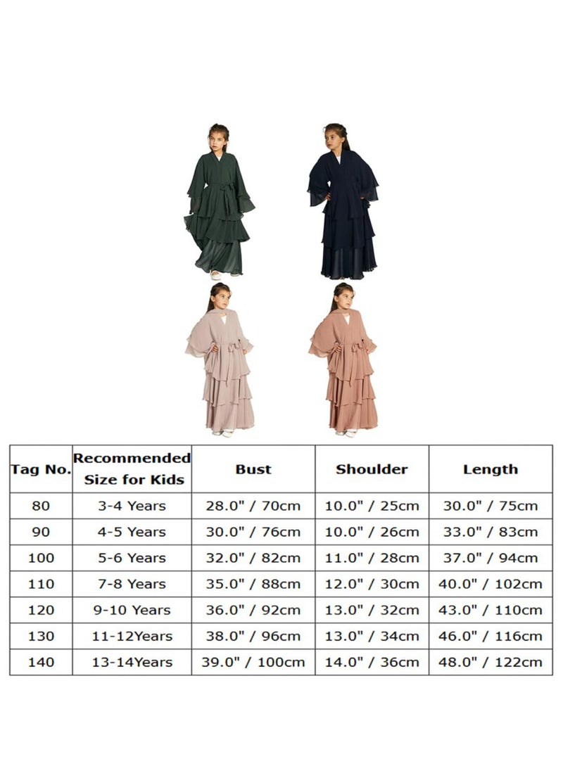 Muslim Abaya Dress for Girls, Long Sleeve Chiffon Islamic Kaftan Robe, Open Front Cardigan Prayer Dress for Ages 11-12, Light Khaki Color.