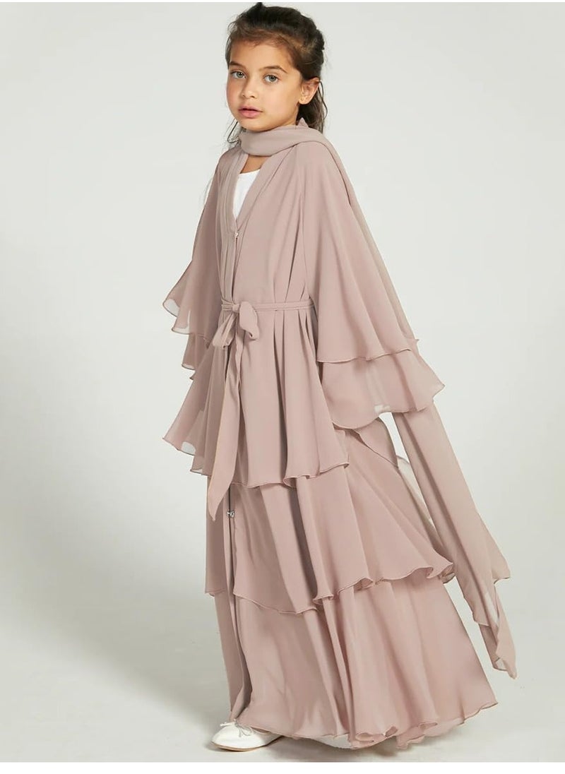 Muslim Abaya Dress for Girls, Long Sleeve Chiffon Islamic Kaftan Robe, Open Front Cardigan Prayer Dress for Ages 11-12, Light Khaki Color.