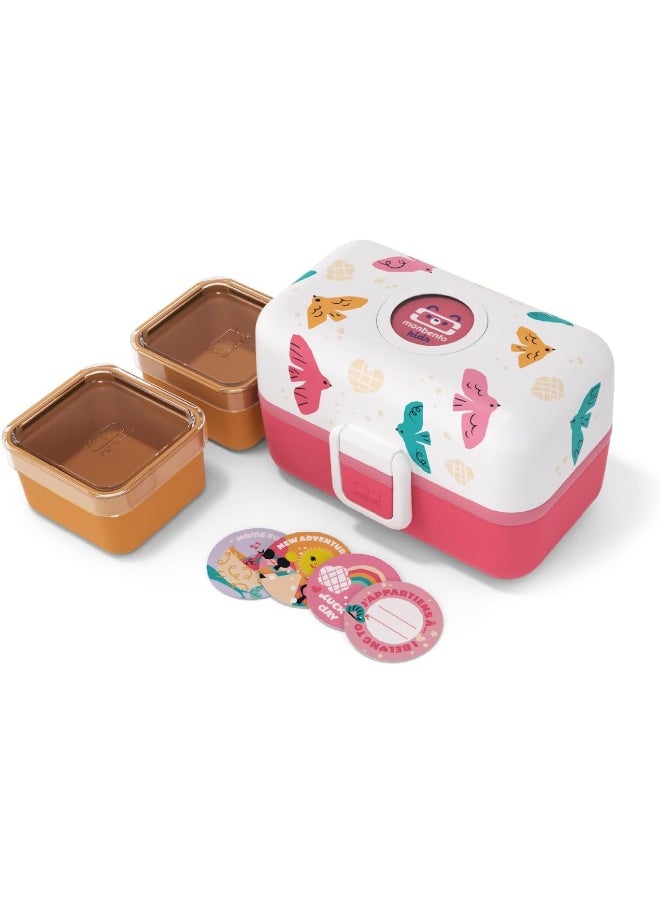 monbento - Children's Lunch Box MB Tresor rose Birds - The 3 Compartment Lunch Box for Children - Ideal for School Lunches and Snacks - BPA Free - Customizable and Safe - Pink Bird Design