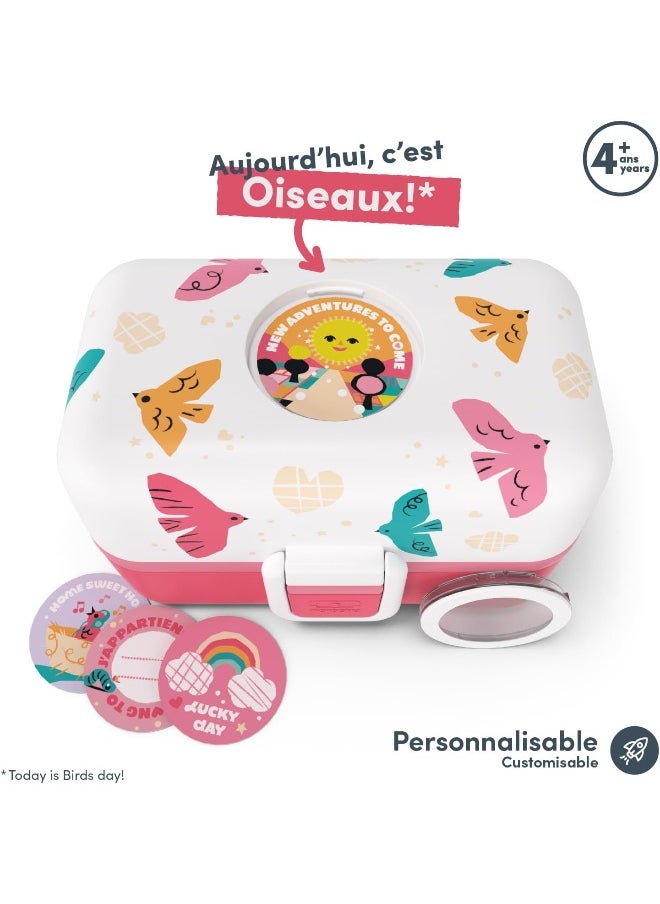 monbento - Children's Lunch Box MB Tresor rose Birds - The 3 Compartment Lunch Box for Children - Ideal for School Lunches and Snacks - BPA Free - Customizable and Safe - Pink Bird Design