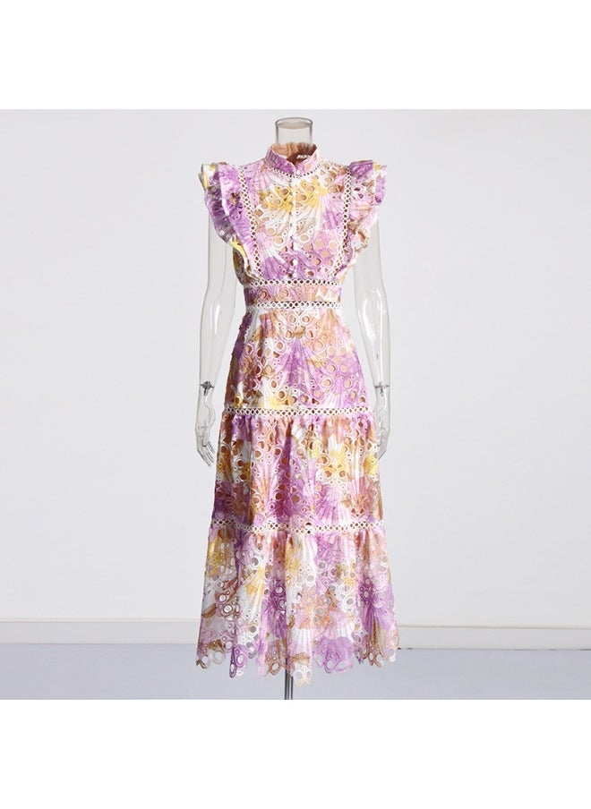 Elegant French Long Dress with Stand Collar, Lace Sleeveless Design and Hollow Embroidery Details