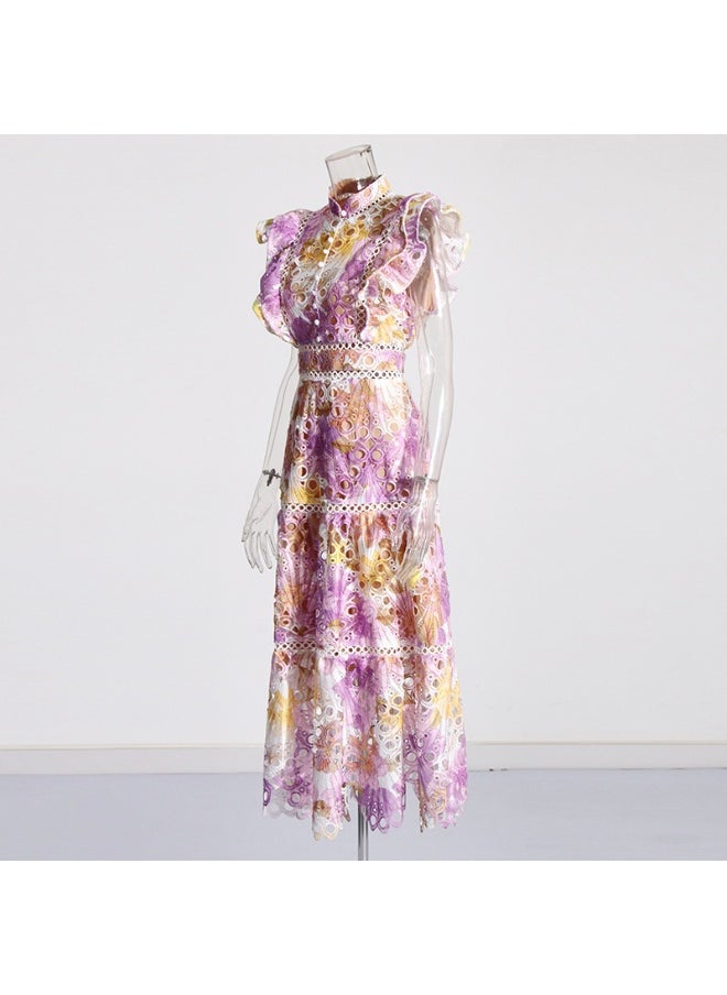 Elegant French Long Dress with Stand Collar, Lace Sleeveless Design and Hollow Embroidery Details