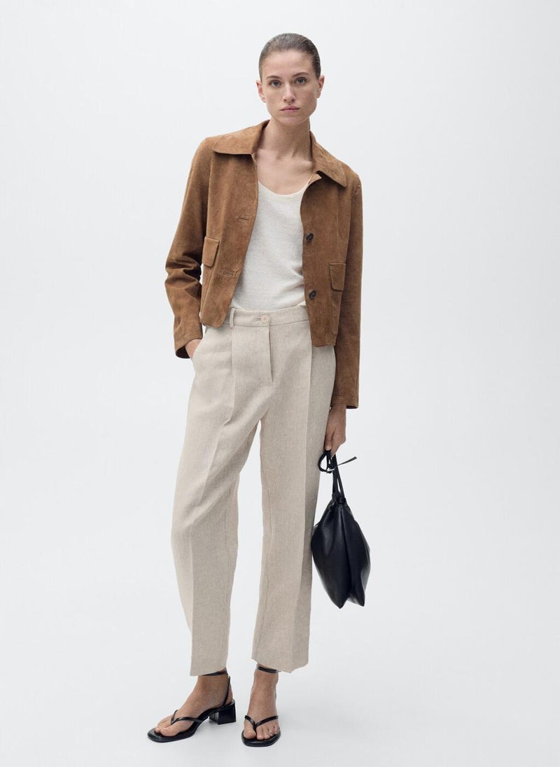 Straight Linen Trousers With Dart Detail