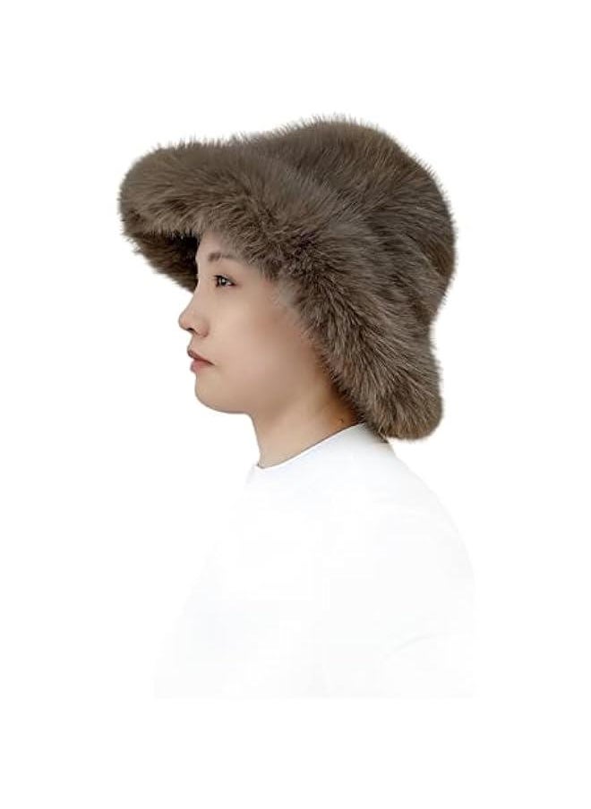 Women's Long Pile Faux Fur Bucket Hat with Wide Moldable Brim