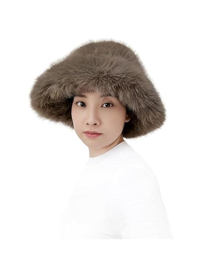 Women's Long Pile Faux Fur Bucket Hat with Wide Moldable Brim