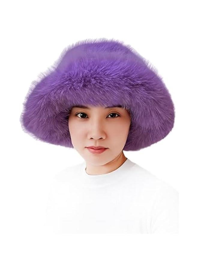 Women's Wide Brim Moldable Faux Fur Bucket Hat - Long Pile Oversized Winter Style