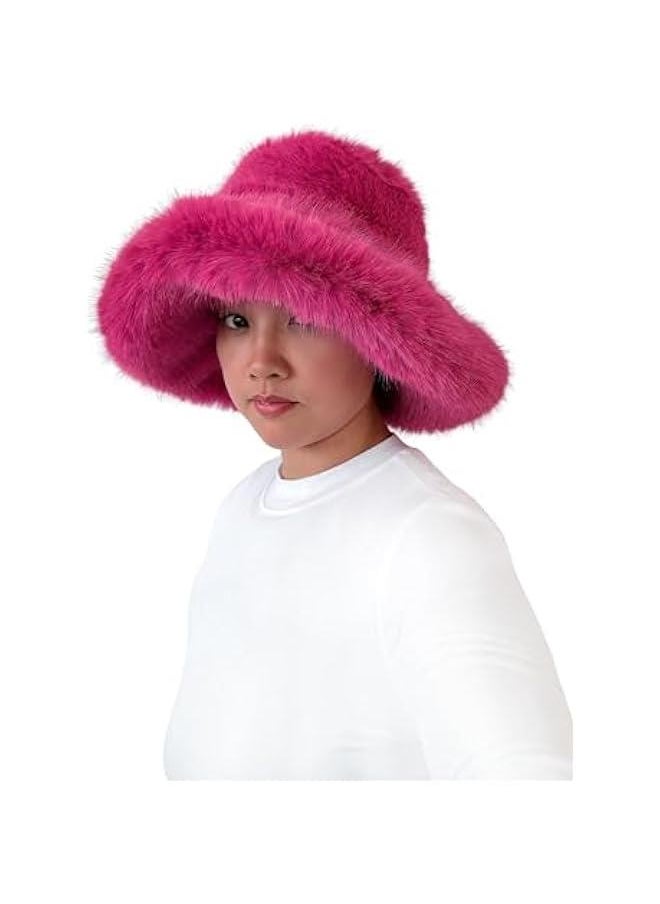 Stylish Women's Winter Faux Fur Bucket Hat - Wide Brim, Moldable Design