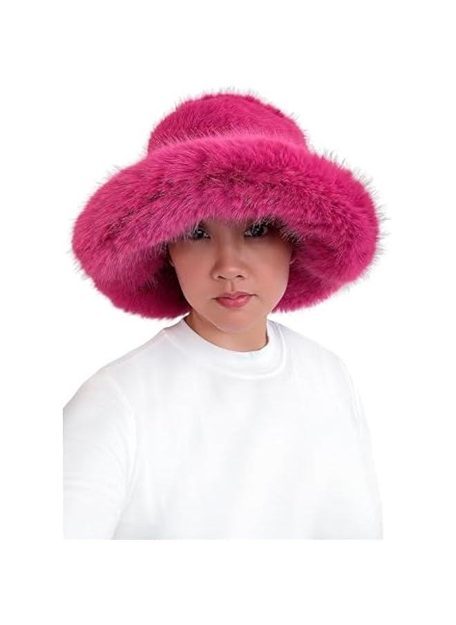 Stylish Women's Winter Faux Fur Bucket Hat - Wide Brim, Moldable Design
