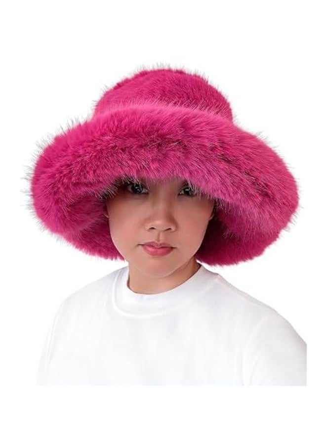 Stylish Women's Winter Faux Fur Bucket Hat - Wide Brim, Moldable Design