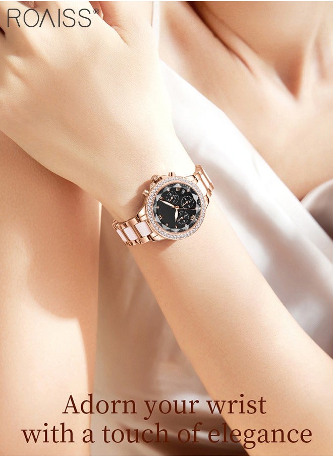 Women's Ceramic Band Chronograph Quartz Watch Round Dial with Diamonds Decoration and Date Display Waterproof Luminous Luxurious Wristwatch as Gift for Ladies