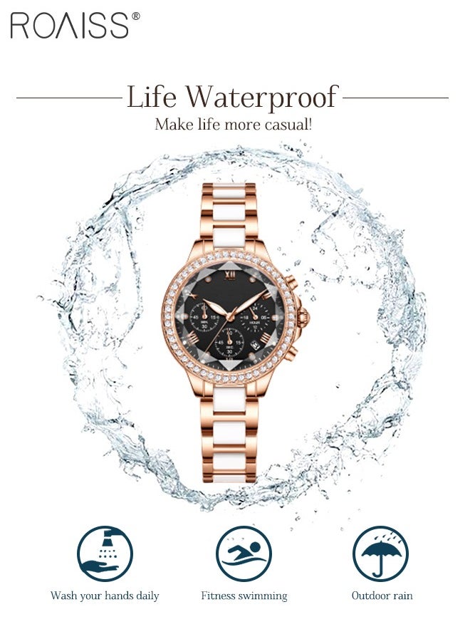 Women's Ceramic Band Chronograph Quartz Watch Round Dial with Diamonds Decoration and Date Display Waterproof Luminous Luxurious Wristwatch as Gift for Ladies
