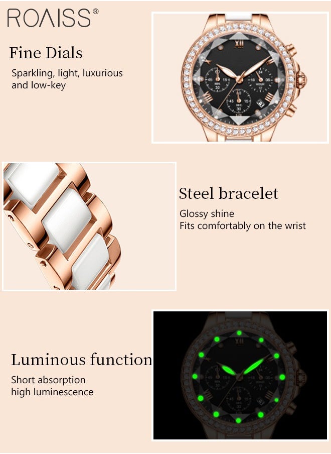 Women's Ceramic Band Chronograph Quartz Watch Round Dial with Diamonds Decoration and Date Display Waterproof Luminous Luxurious Wristwatch as Gift for Ladies