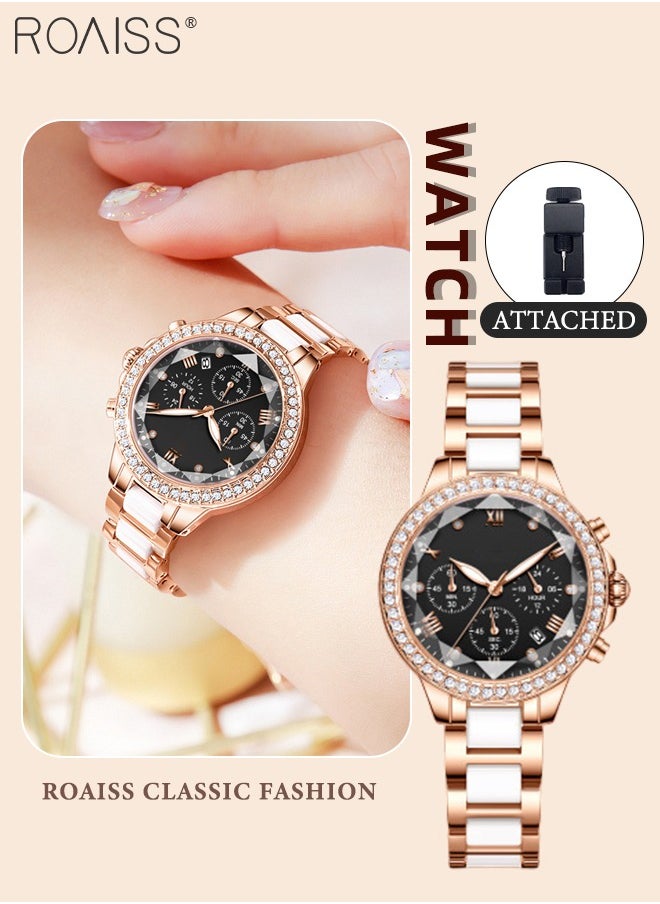 Women's Ceramic Band Chronograph Quartz Watch Round Dial with Diamonds Decoration and Date Display Waterproof Luminous Luxurious Wristwatch as Gift for Ladies