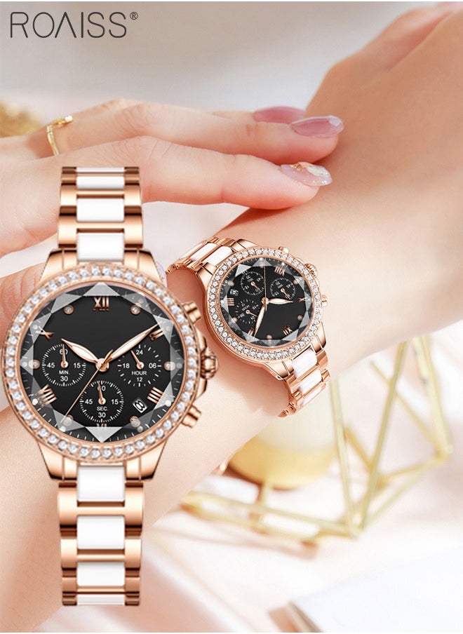 Women's Ceramic Band Chronograph Quartz Watch Round Dial with Diamonds Decoration and Date Display Waterproof Luminous Luxurious Wristwatch as Gift for Ladies