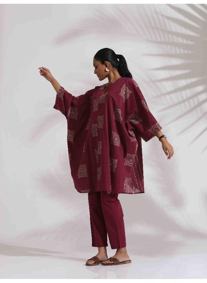 trueBrowns Purple Cotton Print Kurta Co-ord Set