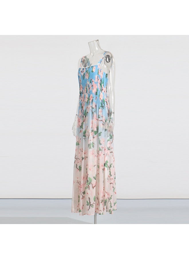 Sweet Fresh Style Square Neck Tie Strap Dress with Floral Print and Waist Tie for Women