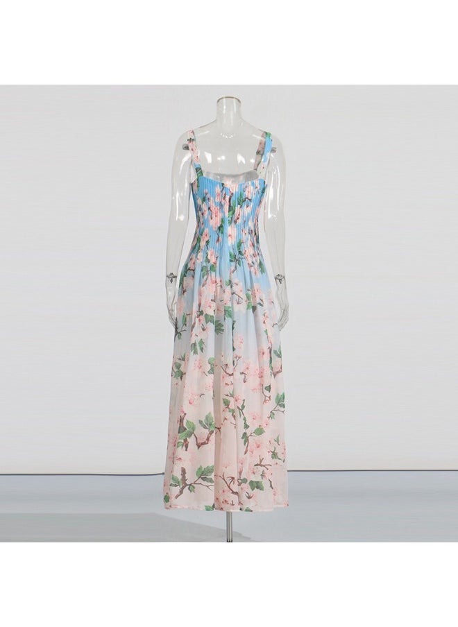 Sweet Fresh Style Square Neck Tie Strap Dress with Floral Print and Waist Tie for Women