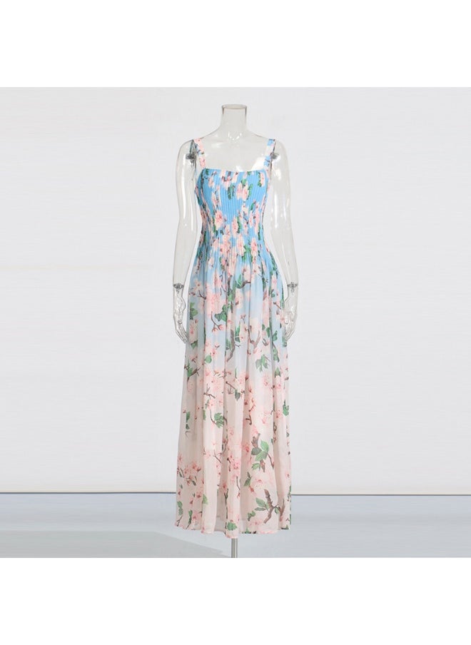 Sweet Fresh Style Square Neck Tie Strap Dress with Floral Print and Waist Tie for Women