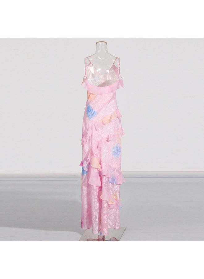 Fashionable Pink Floral Ruffled Long Maxi Dress with Spaghetti Straps
