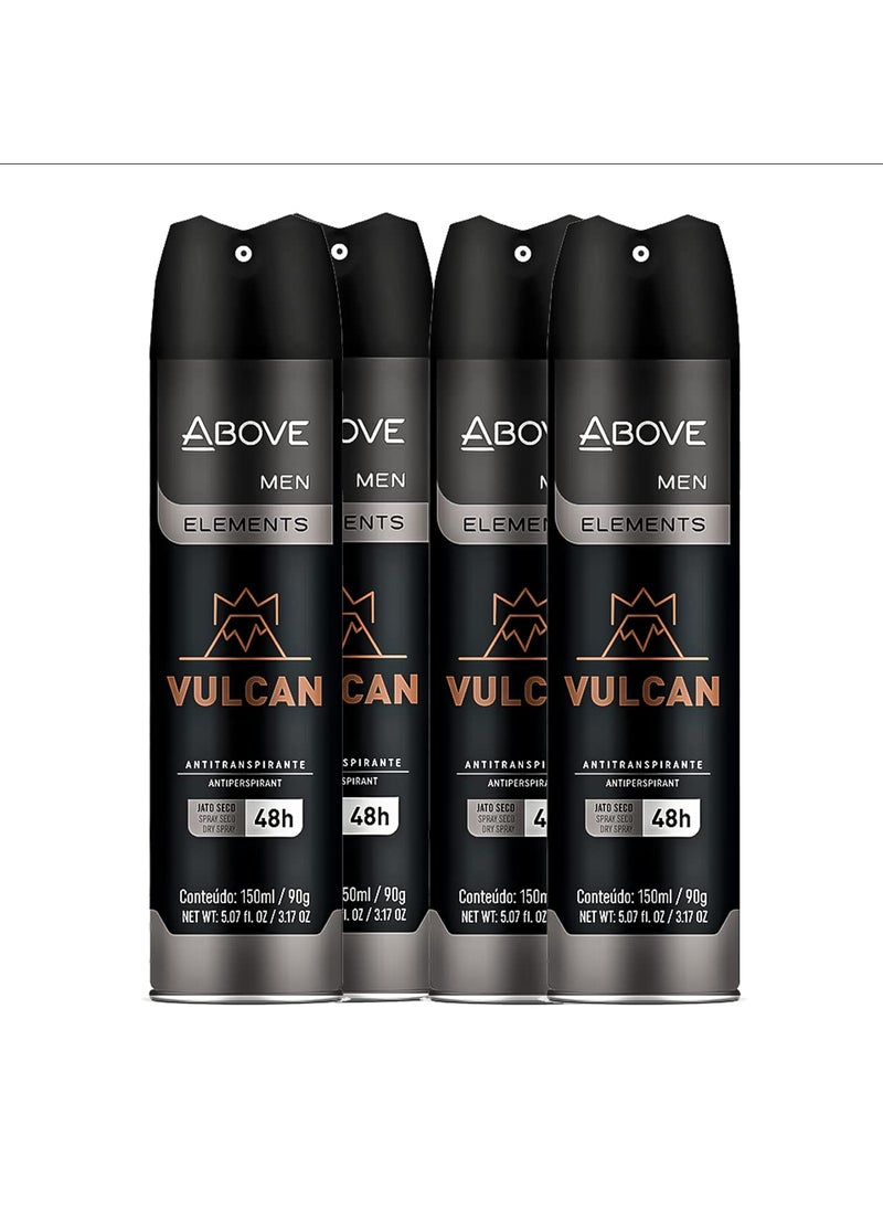 ABOVE Vulcan 48 Hours Antiperspirant Deodorant - Dry Spray for Men - Notes of Sage, Pink Pepper and Basil - Protects Against Sweat and Body Odor - Stain and Cruelty Free - 4 pc