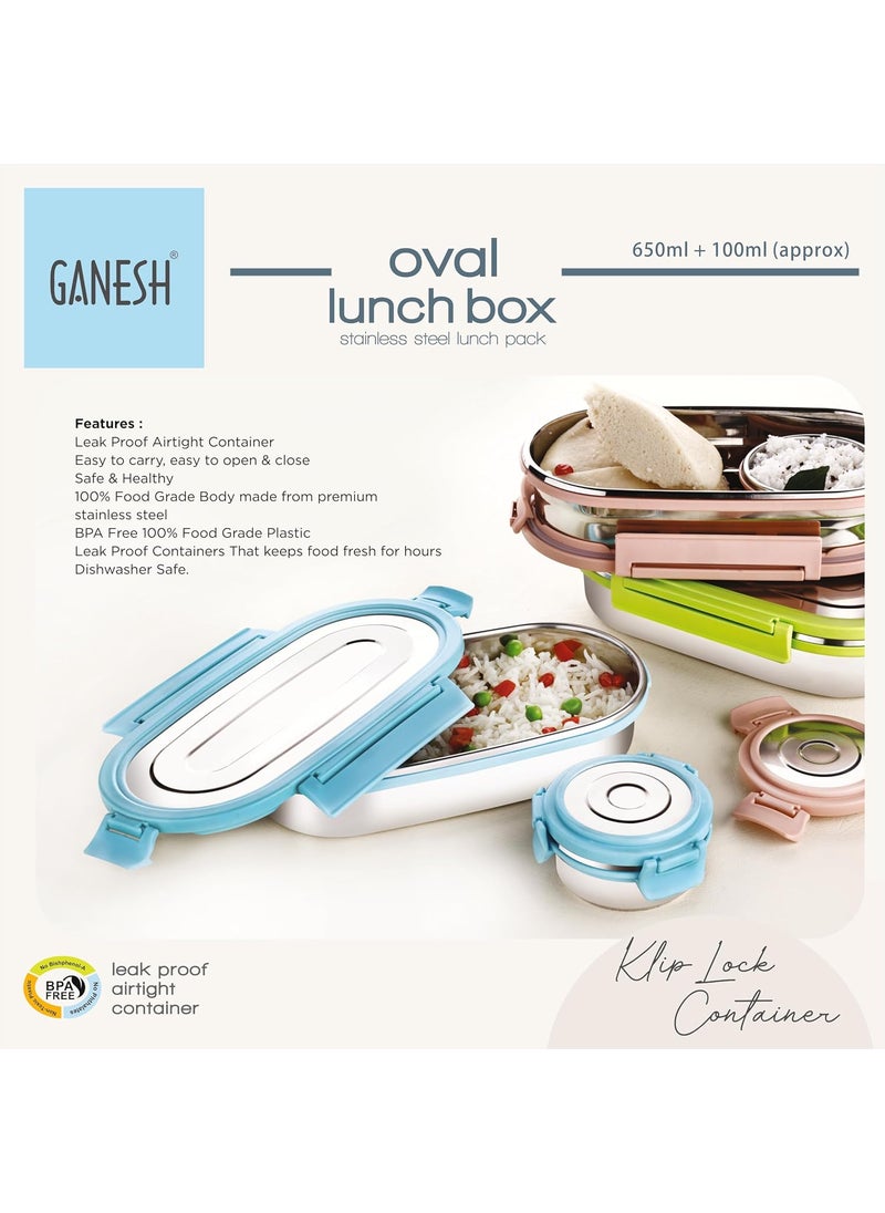 Ganesh Oval Lunch Box Steel with 4 Side Lock Lid, 650 ml and Inner Stainless Steel Container, 100 ml Easy to Carry (Mulitcolor)