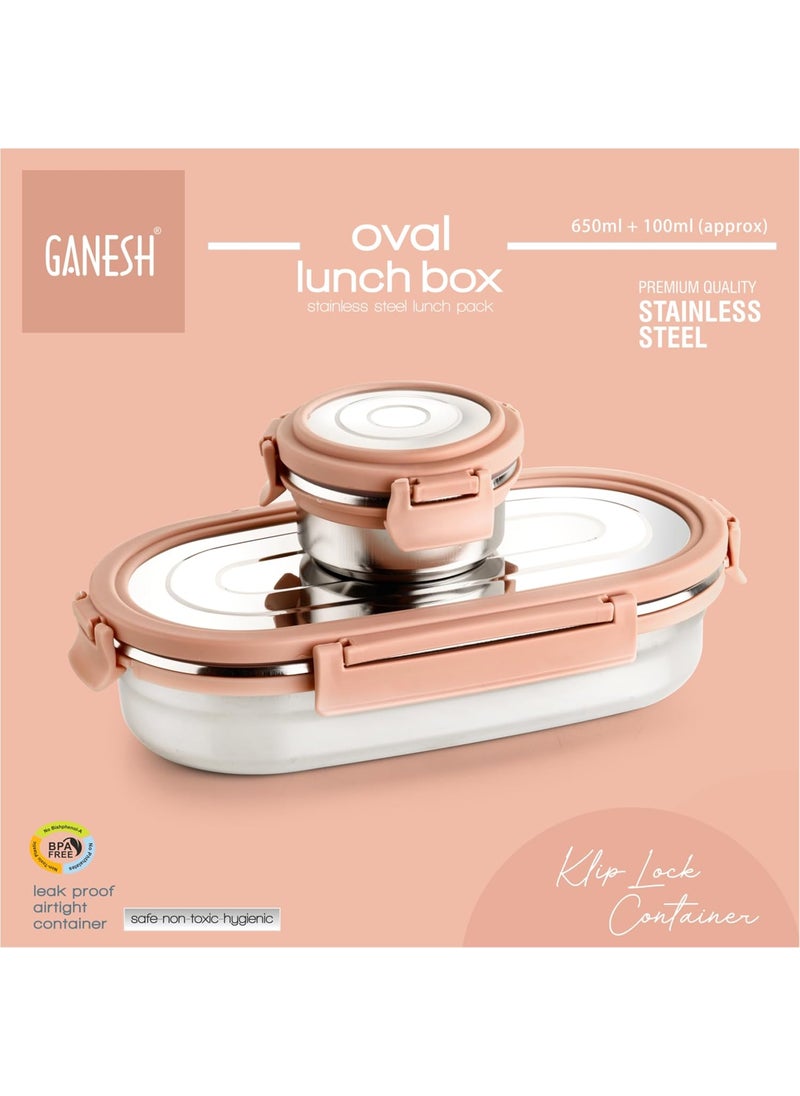 Ganesh Oval Lunch Box Steel with 4 Side Lock Lid, 650 ml and Inner Stainless Steel Container, 100 ml Easy to Carry (Mulitcolor)