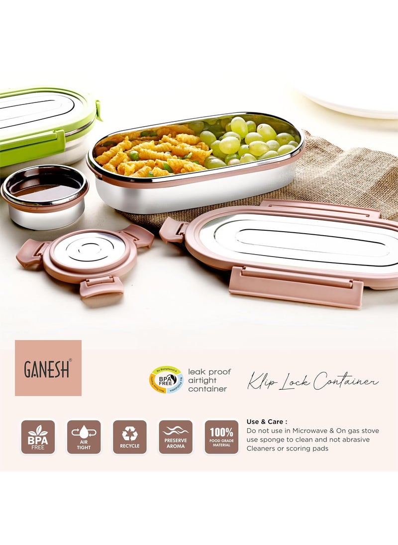 Ganesh Oval Lunch Box Steel with 4 Side Lock Lid, 650 ml and Inner Stainless Steel Container, 100 ml Easy to Carry (Mulitcolor)