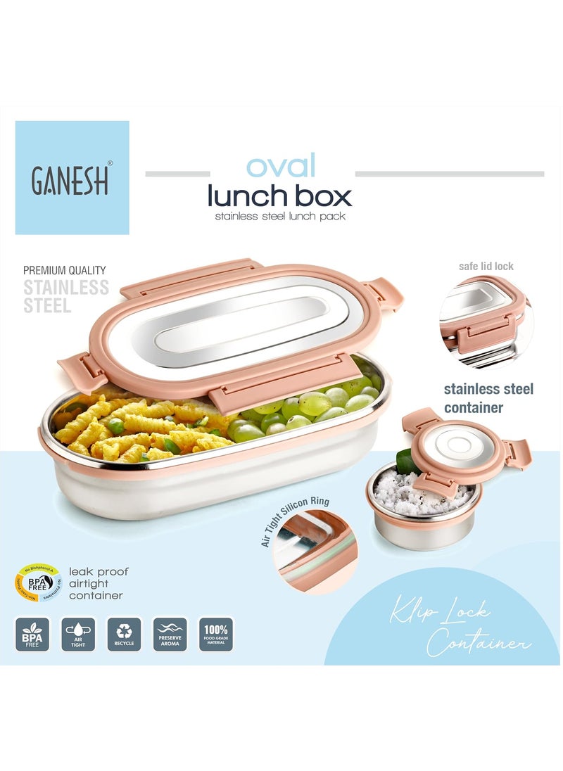 Ganesh Oval Lunch Box Steel with 4 Side Lock Lid, 650 ml and Inner Stainless Steel Container, 100 ml Easy to Carry (Mulitcolor)
