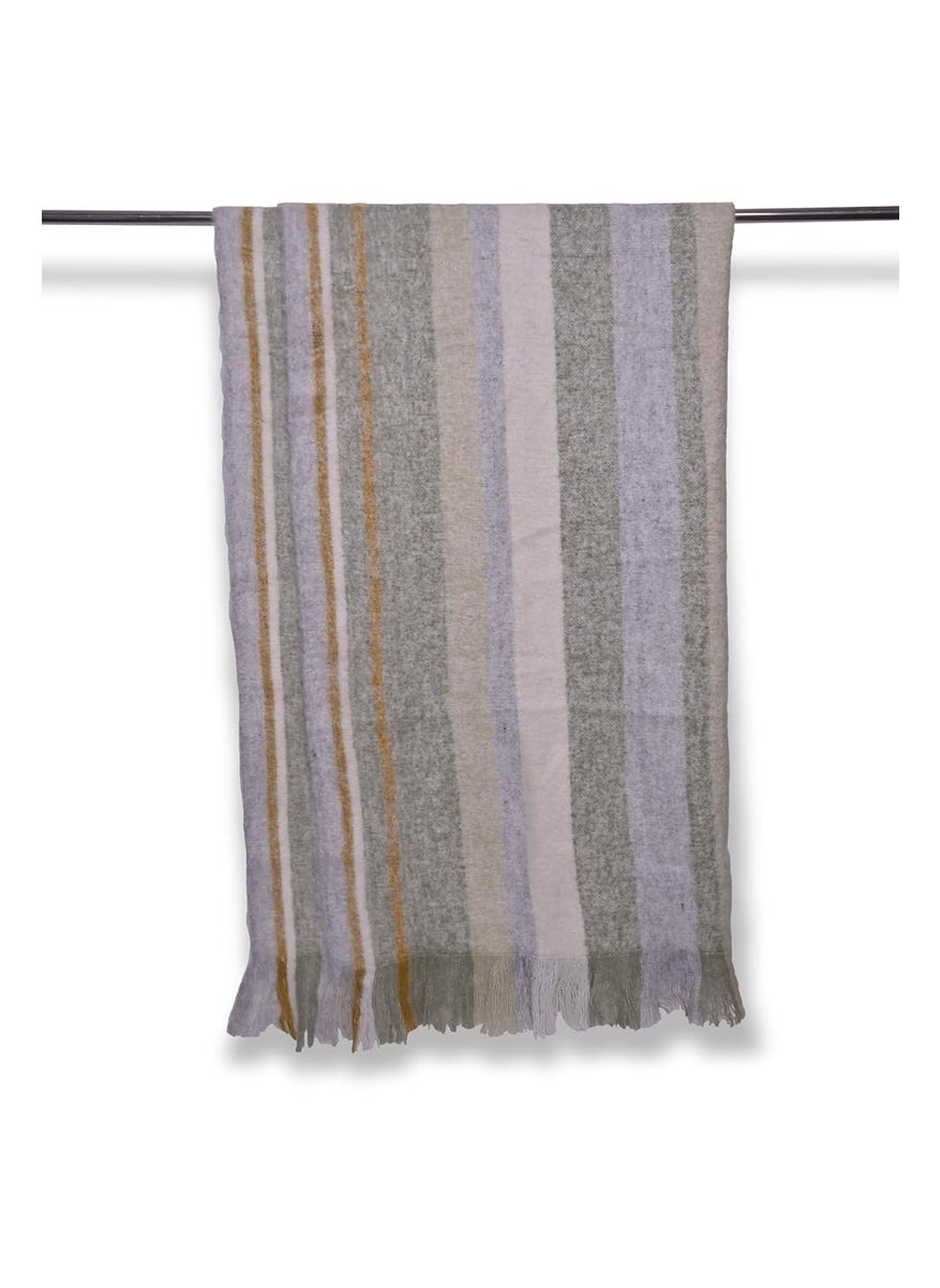 Decorative Striped Throw Blanket, Grey and Lavender with Gold Accents, Fringed Design