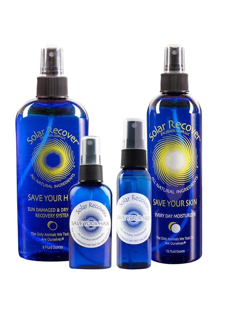 Solar Recover After Sun Moisturizing Spray  Hair Detangler Travel Size 4 Pack Combo  12oz  2oz Hydrating Facial  Body Mist for Sunburn Relief 8 oz  2oz All Natural LeaveIn Conditioner Hair Care