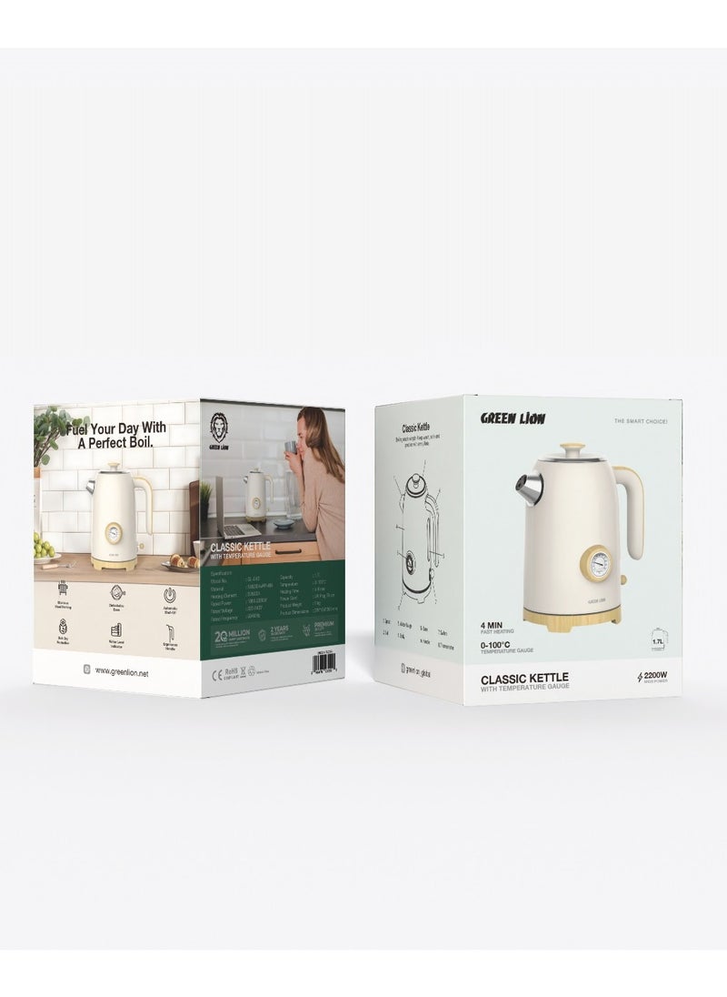 Classic Kettle 1.7L with Temperature Guage & Boil-Dry Protection / 2200W High Power / Automatic Shut-Off / Ergonomic Handle / Detachable Base / 4min Fast Heating / Retro 50's Kettle - Beige