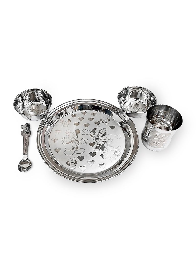 KC Steel Cartoon Baby Dinner Set Of 5 Pieces 1 Plate, 2 Bowls, 1 Spoon, 1 Glass (Mickey Minnie Design)