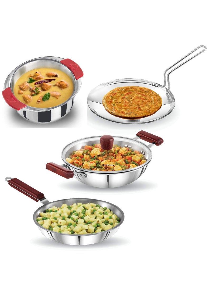 Hawkins Tri-Ply Stainless Steel Cookware Combo Set, 4 pcs (26 cm Frying Pan, 26cm Tava, 2.5 L Deep-Fry Pan with Glass Lid and 1.5 L Patila)