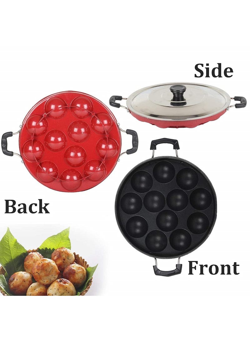 SEREE 12 Cavities Non Stick Appam Patra with Lid and Side Handle/kulipaniyaram pan nonstick Ponganal MakerLid