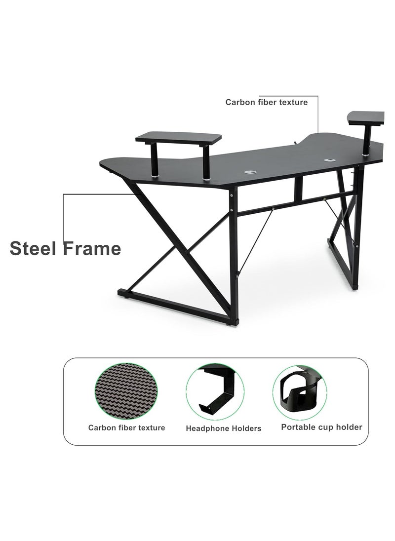 L-Shaped Gaming Desk BLACK 160x60x76cm – Ergonomic Carbon Fiber Desk with Steel Frame