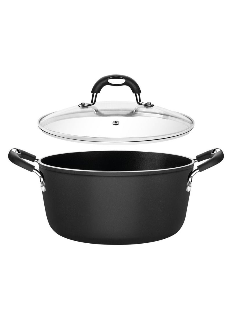 Since 1911, Made In Brazil - Mônaco Induction Aluminum Casserole with Interior and Exterior Starflon Premium Nonstick Coating, Black, with Glass Lid, 28 cm and 6.4 L