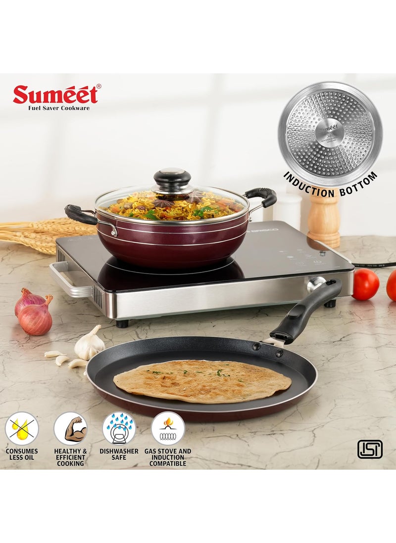 Sumeet Elegantia Induction Base Non Stick Aluminium Cookware Set of 3Pcs - Dosa Tawa 28cm / Deep Kadai with Glass Lid 21.5cm / 1800ml Capacity | Gas and Induction Friendly | Cherry