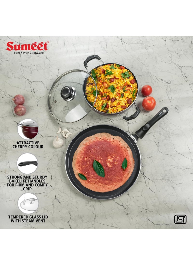 Sumeet Elegantia Induction Base Non Stick Aluminium Cookware Set of 3Pcs - Dosa Tawa 28cm / Deep Kadai with Glass Lid 21.5cm / 1800ml Capacity | Gas and Induction Friendly | Cherry
