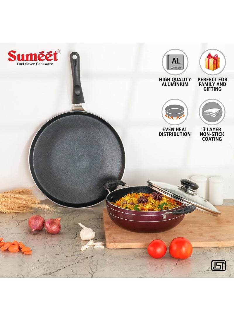 Sumeet Elegantia Induction Base Non Stick Aluminium Cookware Set of 3Pcs - Dosa Tawa 28cm / Deep Kadai with Glass Lid 21.5cm / 1800ml Capacity | Gas and Induction Friendly | Cherry